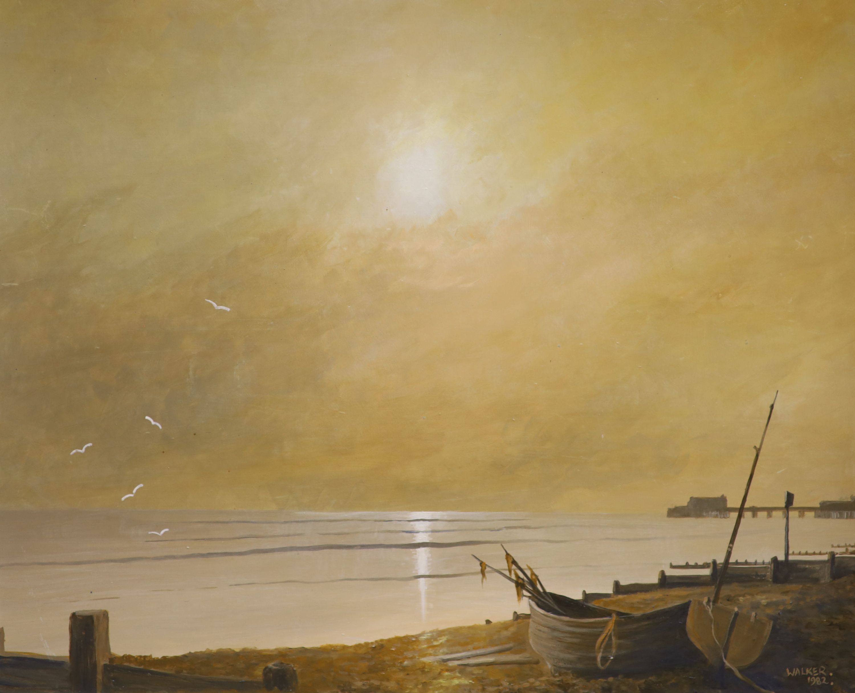 Walker 1982, oil on board, Beach scene with pier, signed and dated, 44 x 54cm